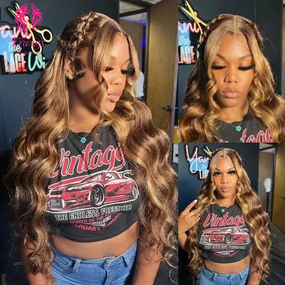 YiWigs Body Wave Wigs P4/27 Highlight HD Transparent 13*4 Full Frontal Lace Human Hair Wigs Brazilian Frontal Human Hair Wigs for Women