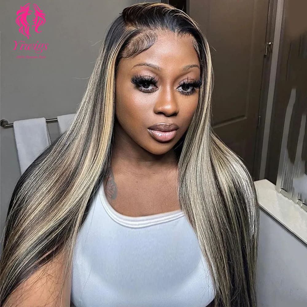 YiWigs P1B/27 Blonde Highlights Human Hair Wig Straight Brazilian Lace Frontal Human Hair Wig 13*4 Transparent Lace Wigs