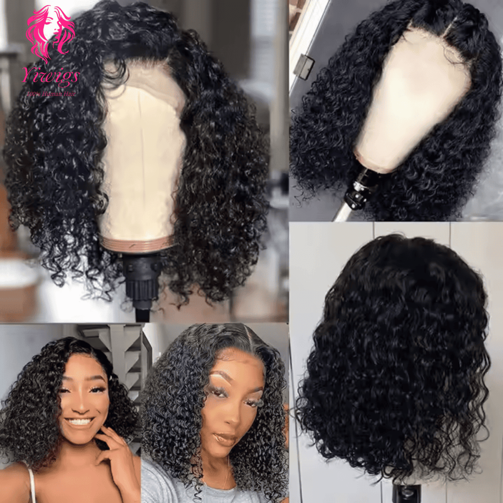 Yiwigs Deep Curly Brazilian 100% Human Hair Bob Wigs Short Pixie Curls Transparent HD Frontal Lace Bob Wigs