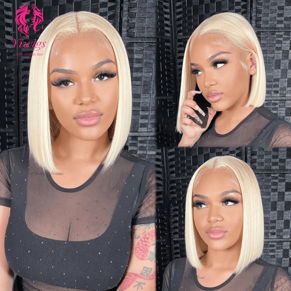 Yiwigs Brazilian Natural 13*4 HD Lace Frontal Wig Raw Human Hair, Peruvian Lace Front Blonde 613 Bob Human Hair Wig With Baby Hair