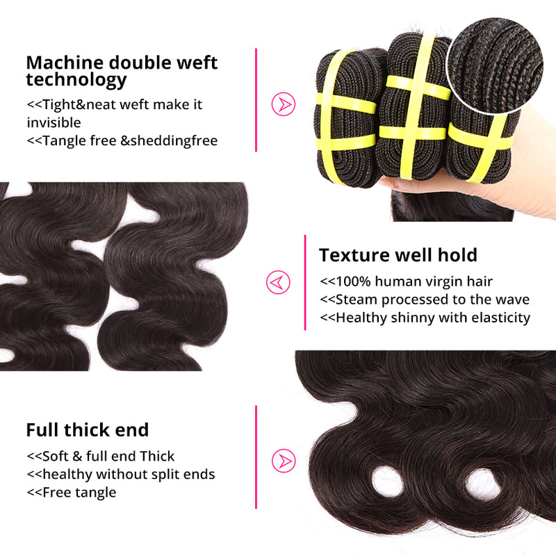 Body Wave 3 Bundles With 5*5 HD Lace Frontal Closure Unprocessed Human Hair YiWigs