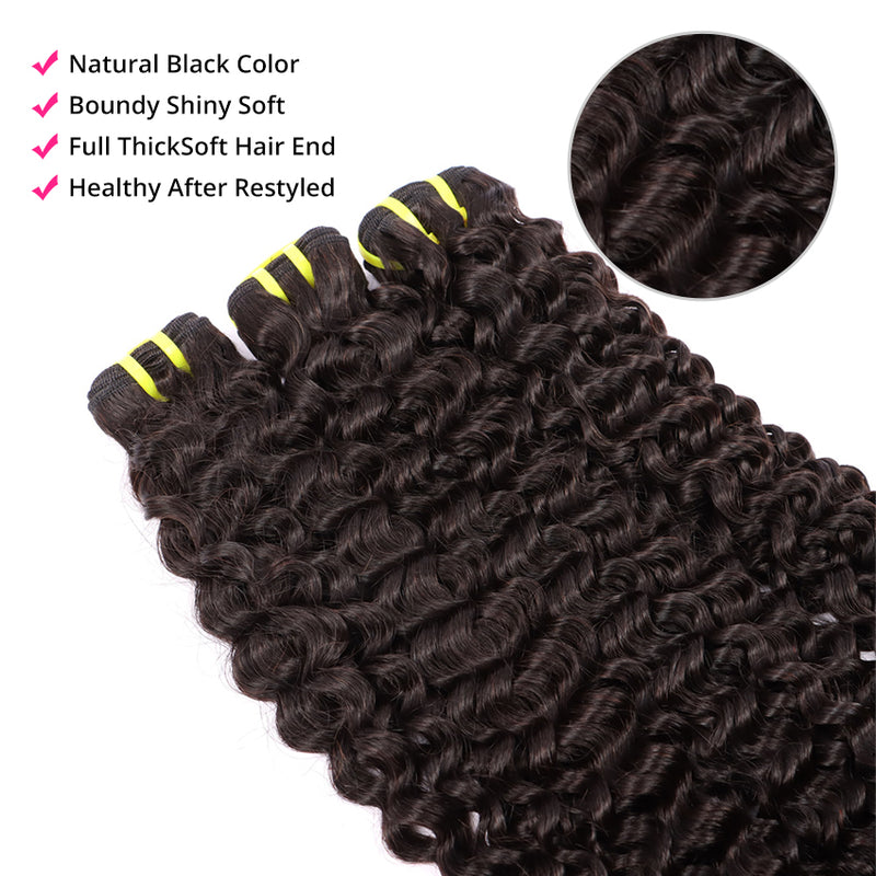 Deep Curly Wave Weave 3 Bundles With 13*4 HD Lace Frontal Closure Unprocessed Human Hair YiWigs