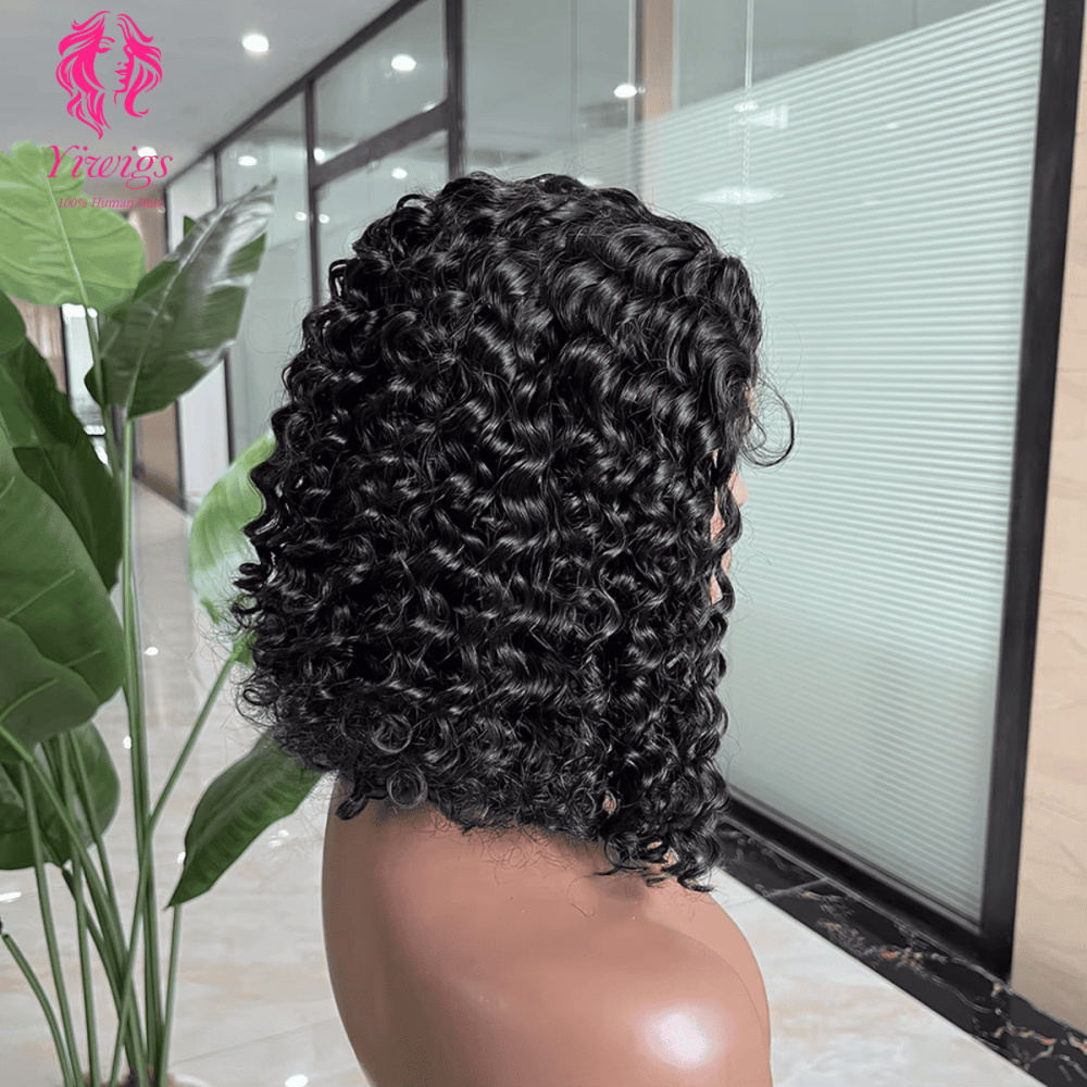 Yiwigs Deep Curly Brazilian 100% Human Hair Bob Wigs Short Pixie Curls Transparent HD Frontal Lace Bob Wigs