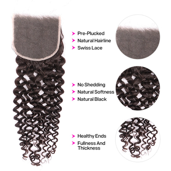 Deep Curly Human Hair 4*4 HD Invisible Transparent Lace Closure Human  Hair Closure YiWigs