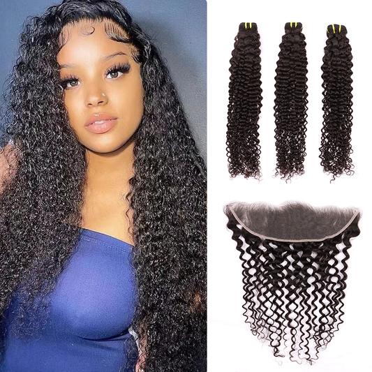 Deep Curly Wave Weave 3 Bundles With 13*4 HD Lace Frontal Closure Unprocessed Human Hair YiWigs