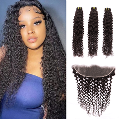 Deep Curly Wave Weave 3 Bundles With 13*4 HD Lace Frontal Closure Unprocessed Human Hair YiWigs