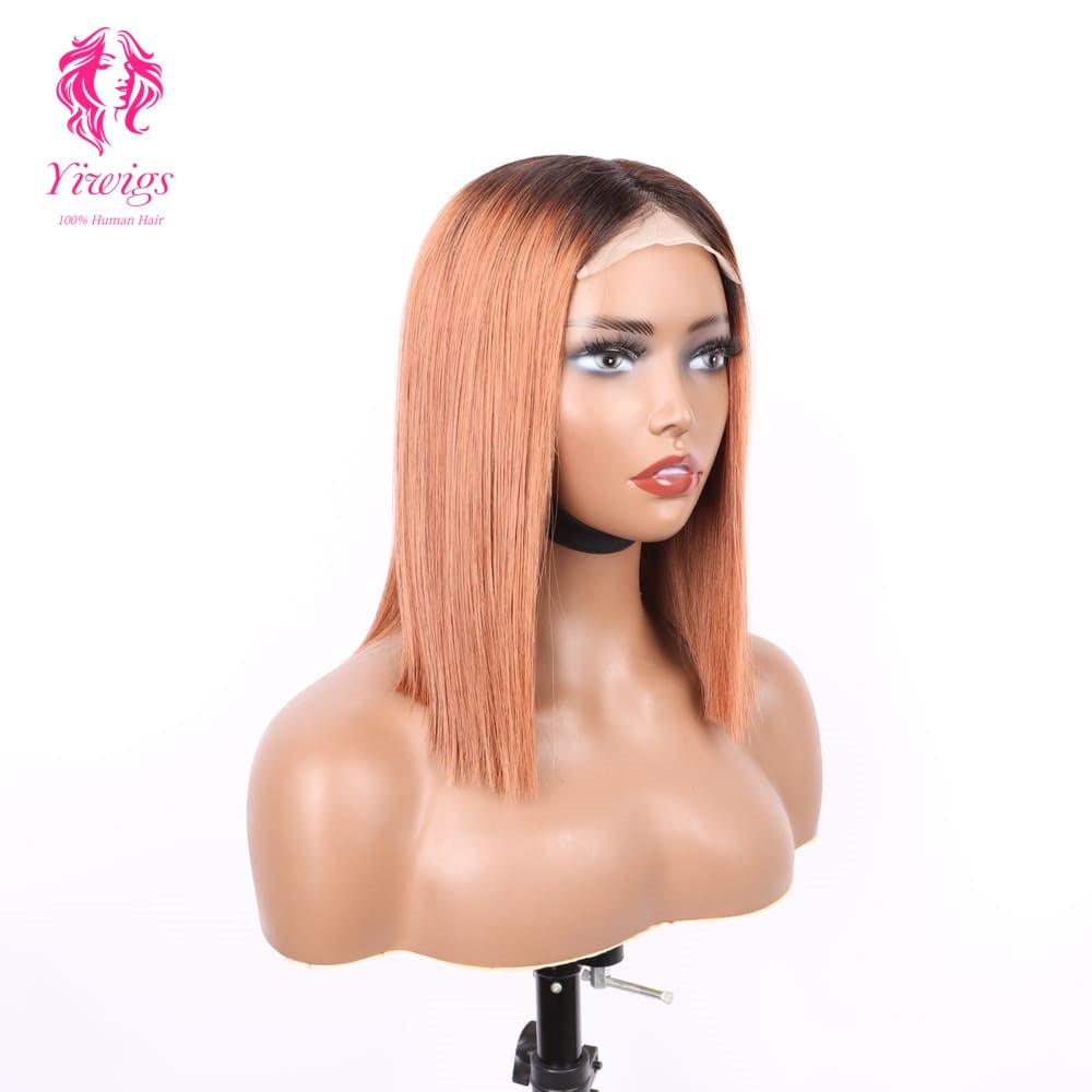 4*4 Bob Wig Lace Closures Wigs Virgin Human Hair Straight #1B/30 Color