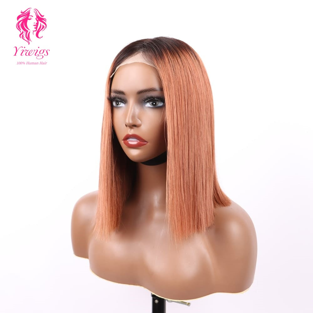 4*4 Bob Wig Lace Closures Wigs Virgin Human Hair Straight #1B/30 Color