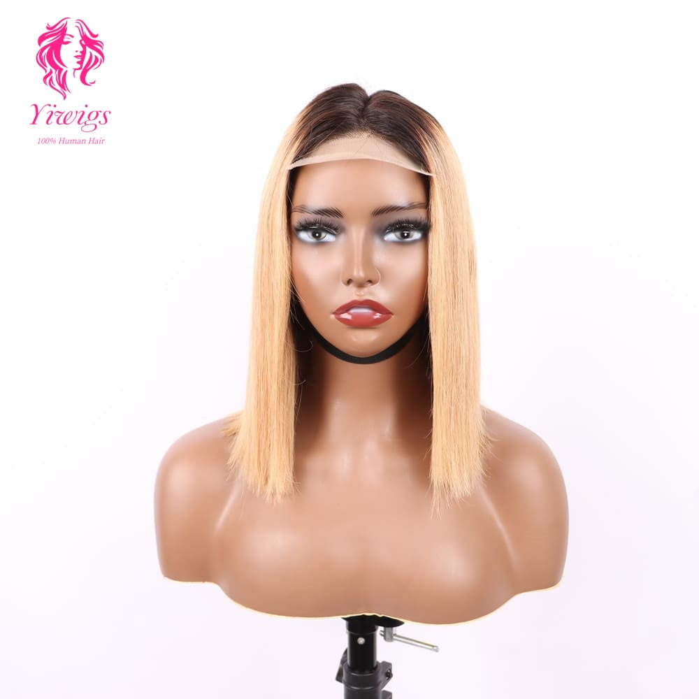 4*4 Bob Wig Lace Closures Wigs Virgin Human Hair Straight #1B/27 Color