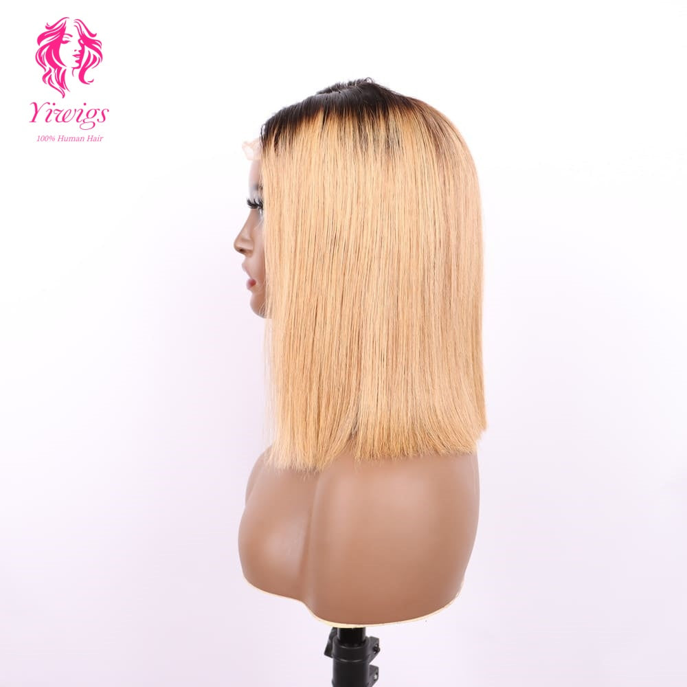 4*4 Bob Wig Lace Closures Wigs Virgin Human Hair Straight #1B/27 Color