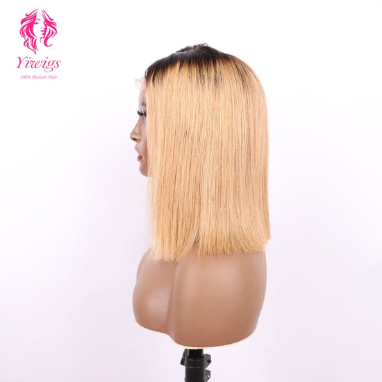 4*4 Bob Wig Lace Closures Wigs Virgin Human Hair Straight #1B/27 Color
