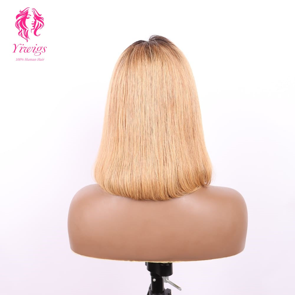 4*4 Bob Wig Lace Closures Wigs Virgin Human Hair Straight #1B/27 Color