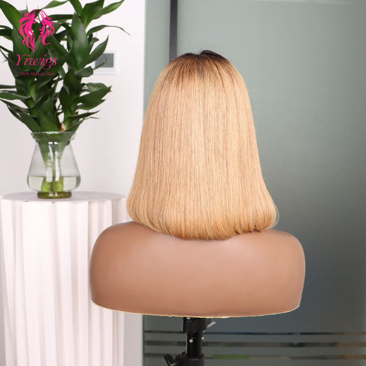 4*4 Bob Wig Lace Closures Wigs Virgin Human Hair Straight #1B/27 Color
