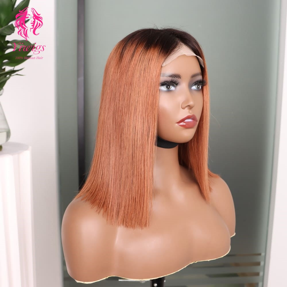 4*4 Bob Wig Lace Closures Wigs Virgin Human Hair Straight #1B/30 Color