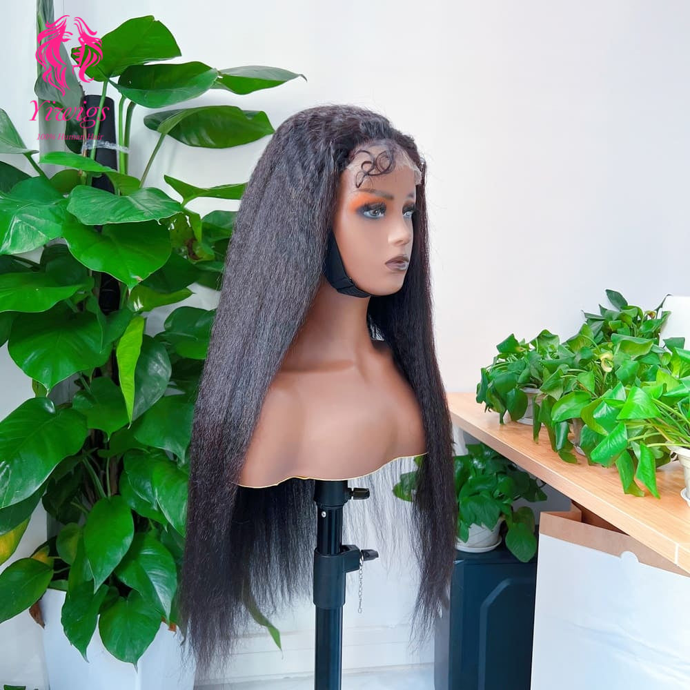 Kinky Straight 5*5 Closure Lace Long Wig HD Lace 100% Human Hair 200% Density Natural Black