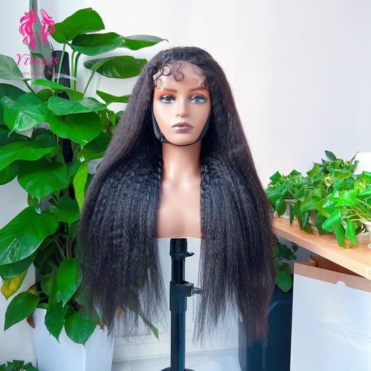 Kinky Straight 5*5 Closure Lace Long Wig HD Lace 100% Human Hair 200% Density Natural Black