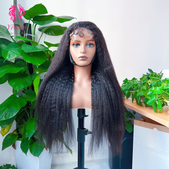 Kinky Straight 5*5 Closure Lace Long Wig HD Lace 100% Human Hair 200% Density Natural Black