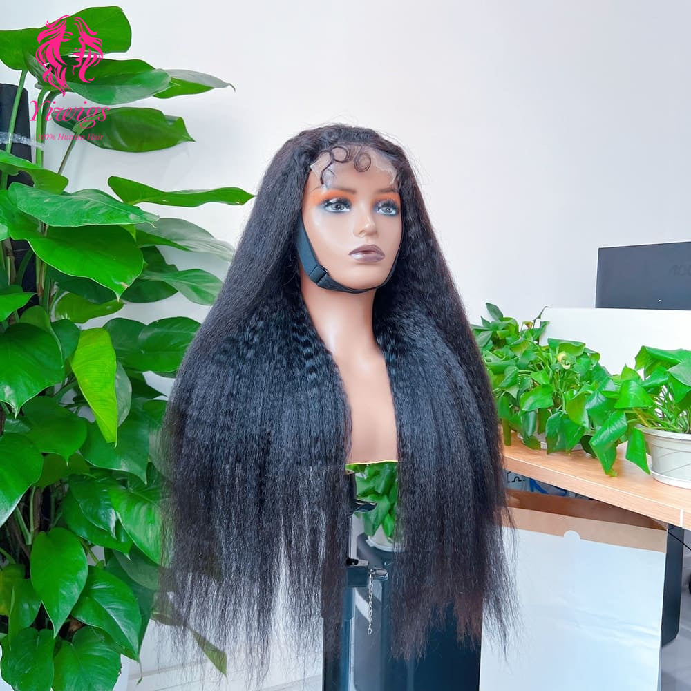 Kinky Straight 5*5 Closure Lace Long Wig HD Lace 100% Human Hair 200% Density Natural Black