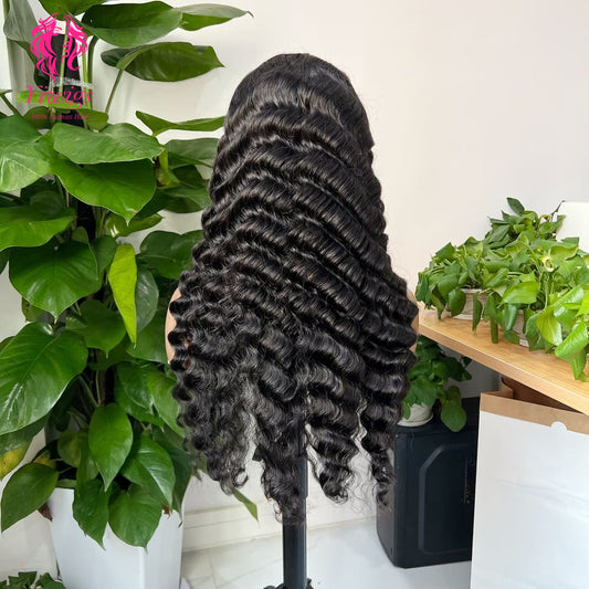 Deep Wave 5*5 Closure Lace Long Wig HD Lace 100% Human Hair 200% Density Natural Black