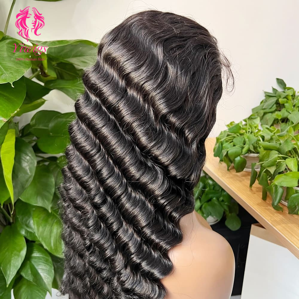 Deep Wave 5*5 Closure Lace Long Wig HD Lace 100% Human Hair 200% Density Natural Black