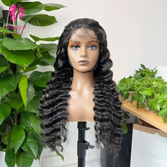 Deep Wave 5*5 Closure Lace Long Wig HD Lace 100% Human Hair 200% Density Natural Black