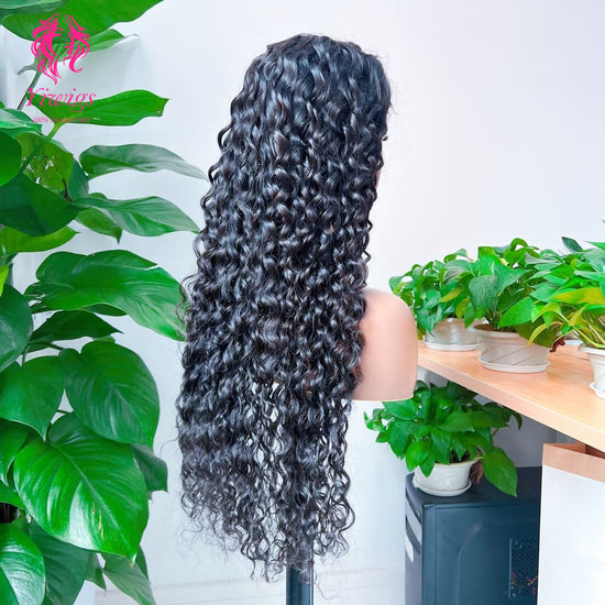 Water Wave 5*5 Closure Lace Long Wig HD Lace 100% Human Hair 200% Density Natural Black