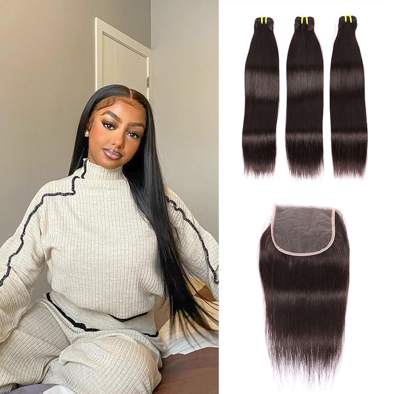 1pc 5*5HD Lace Frontal with 3 Bundles Straight Virgin Hair Weft YiWigs