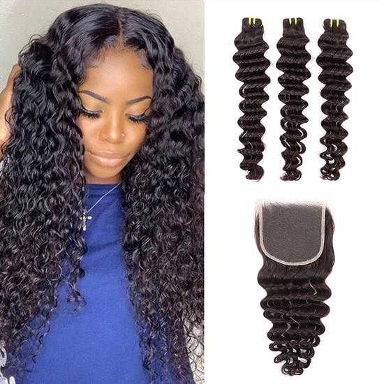 3 Bundles Human Virgin Hair Deep Wave With Invisible 5*5 HD Lace Frontal YiWigs