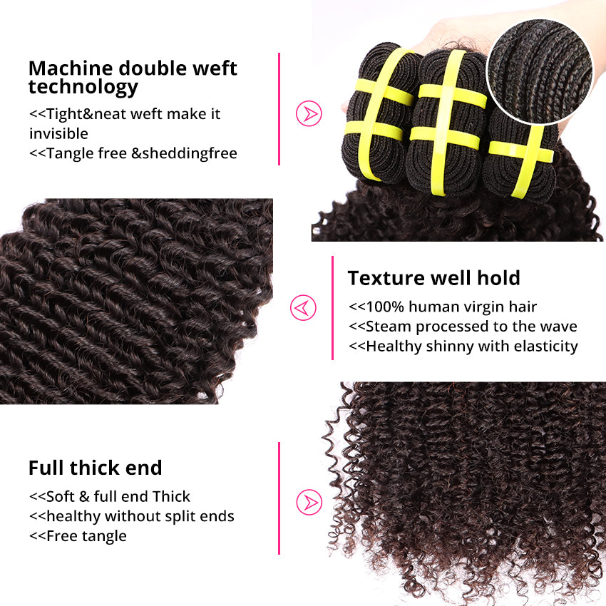 3 Bundles Human Virgin Hair Kinky Curly Weave With 4*4 HD Lace Frontal YiWigs