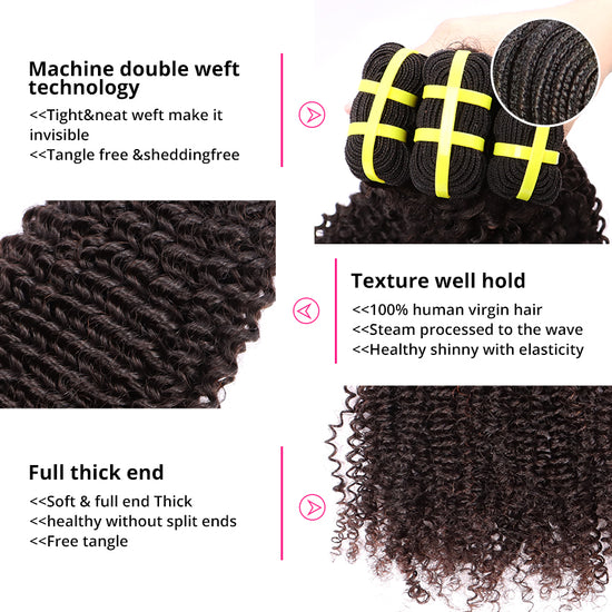 3 Bundles Human Virgin Hair Kinky Curly Weave With 4*4 HD Lace Frontal YiWigs