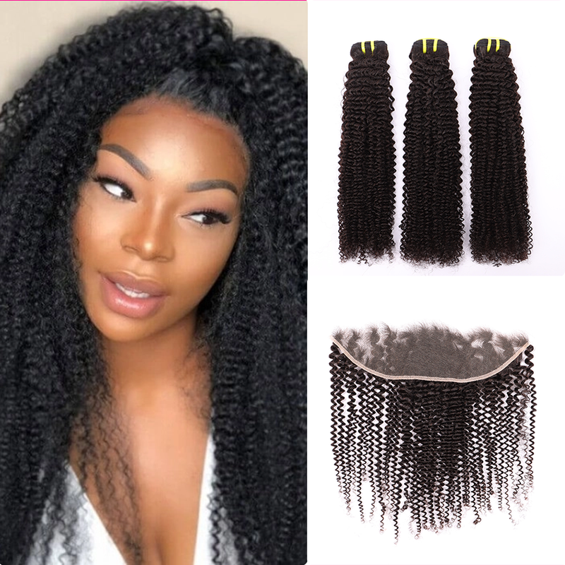 3 Bundles Human Virgin Hair Kinky Curly Weave With 13*4 HD Lace Frontal YiWigs