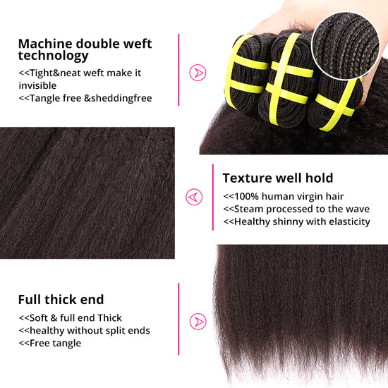 3 Bundles Human Virgin Hair Kinky Straight Weave With 4*4 HD Lace Frontal YiWigs