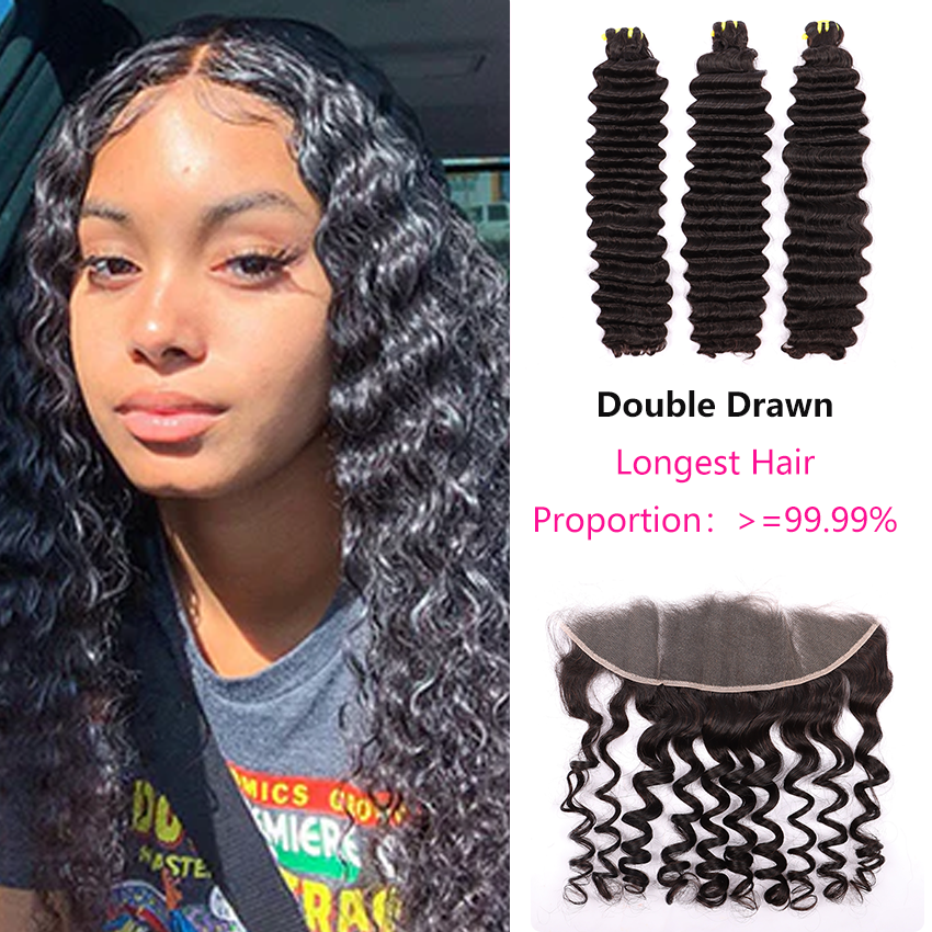 Double Drawn 3 Bundles Human Virgin High Volume Hair Deep Wave With Invisible 13*4 HD Lace Frontal YiWigs