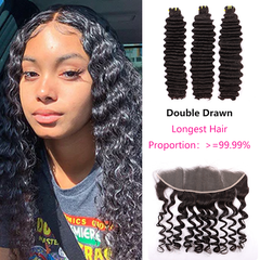 Double Drawn 3 Bundles Human Virgin High Volume Hair Deep Wave With Invisible 13*4 HD Lace Frontal YiWigs