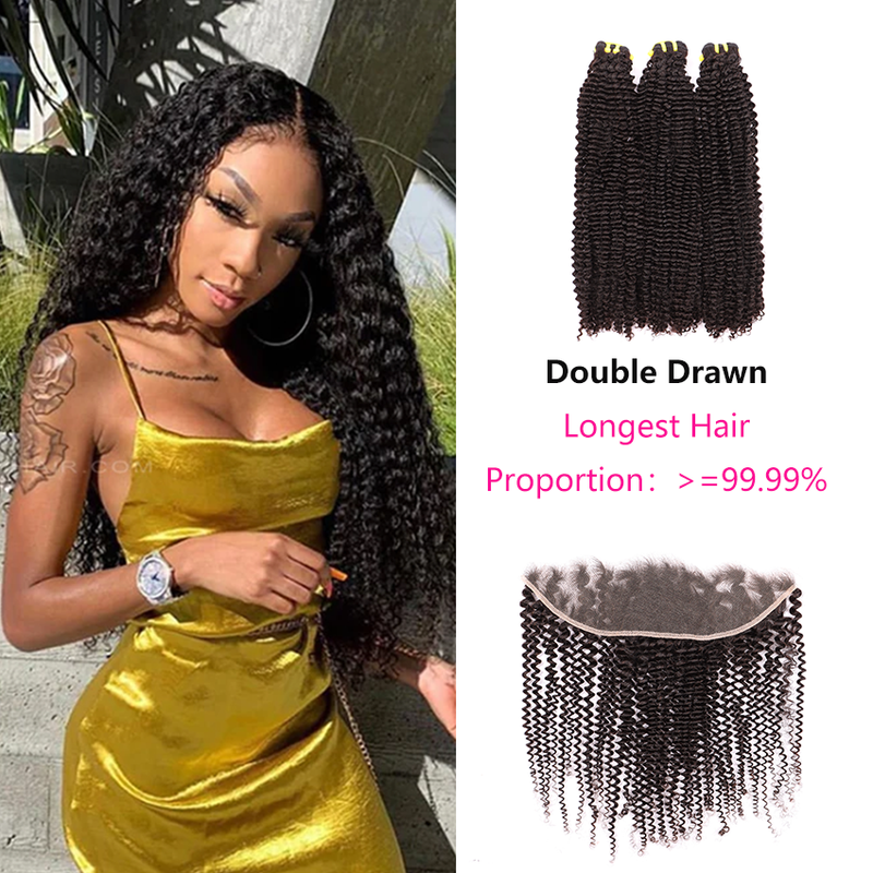 Double Drawn 3 Bundles Aesthetics Human Virgin Hair Kinky Curly Weave With 13*4 HD Lace Frontal YiWigs