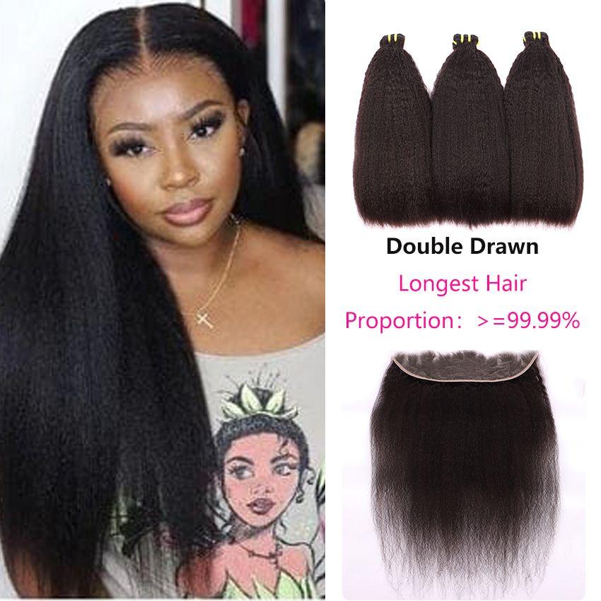 Kinky Straight Double Drawn 3 Bundles With 13*4 Hd Lace Frontal Closure Unprocessed Good Quality Human Hair YiWigs
