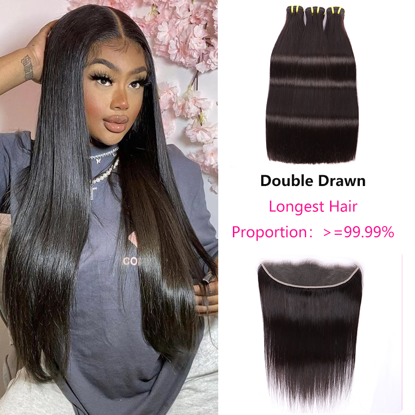 Straight Weave 3 Double Drawn Bundles With 13*4 HD Lace Frontal  Unprocessed High Quality Human Hair YiWigs