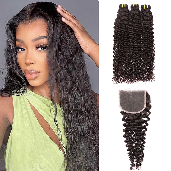 Deep Curly 3 Bundles With 4*4 HD HD Lace Frontal Closure Unprocessed Human Hair YiWigs