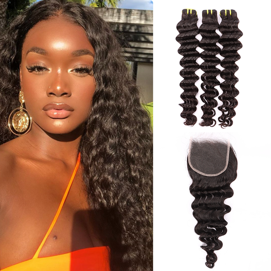 3 Bundles Human Virgin Hair Deep Wave With Invisible 4*4 HD Lace Frontal YiWigs