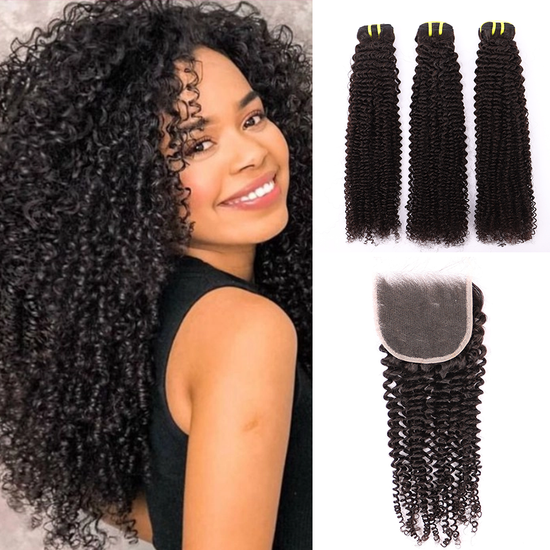 3 Bundles Human Virgin Hair Kinky Curly Weave With 4*4 HD Lace Frontal YiWigs