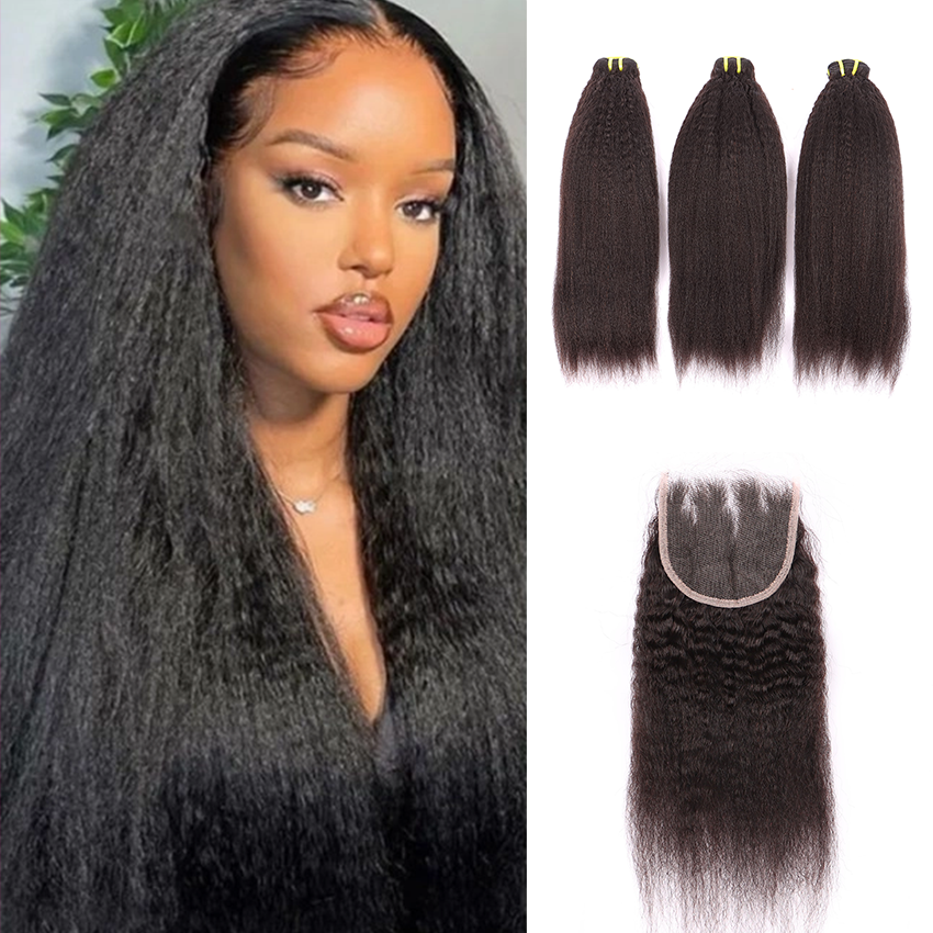 3 Bundles Human Virgin Hair Kinky Straight Weave With 4*4 HD Lace Frontal YiWigs