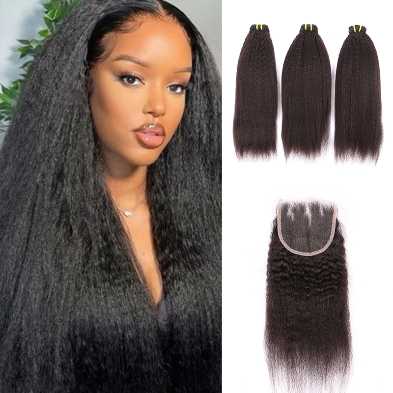 3 Bundles Human Virgin Hair Kinky Straight Weave With 4*4 HD Lace Frontal YiWigs