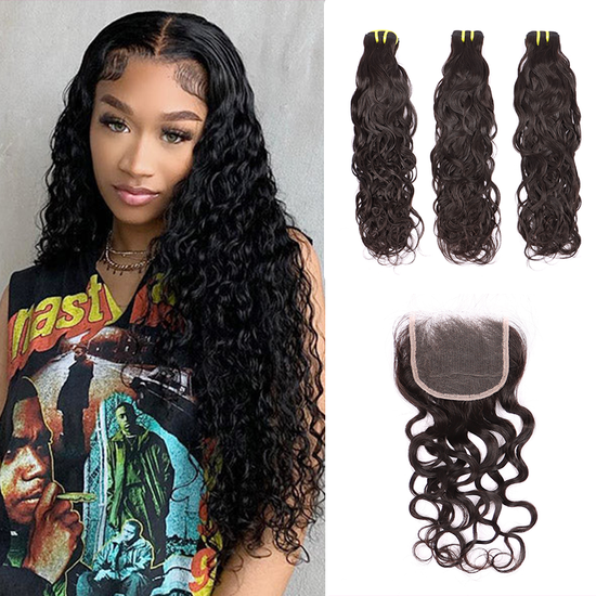 Water Wave 3 Bundles With 4*4 HD HD Lace Frontal Closure Unprocessed Human Hair YiWigs