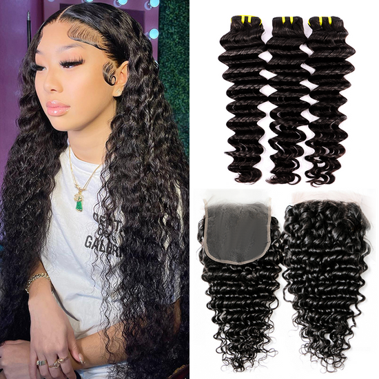 10-22inch Deep Wave Hair Virgin Human Hair 4x4 Transparent Lace Closure YiWigs
