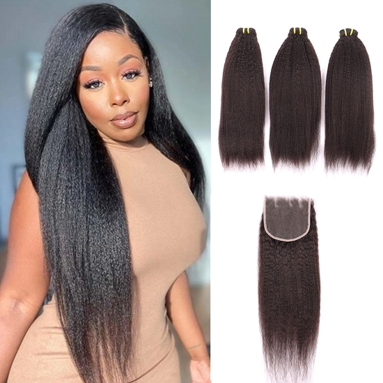 3 Bundles Human Virgin Hair Kinky Straight Weave With 5*5 HD Lace Frontal YiWigs