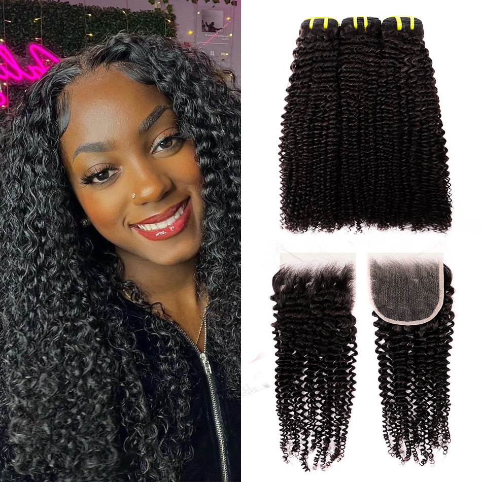100% Human Virgin Hair Kinky Curly 4*4 Transparent Lace Closure YiWigs
