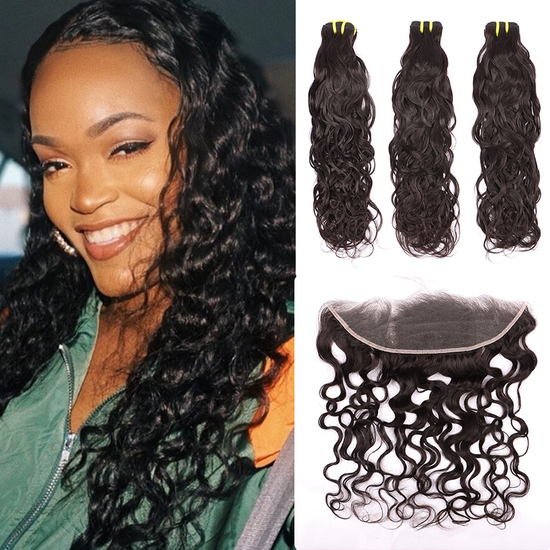 Water Wave Weave 3 Bundles With 13*4 HD Lace Frontal Closure Unprocessed Human Hair YiWigs